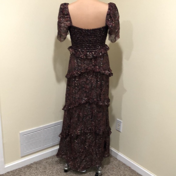 Rococo Sand Maxi Dress Size Large Red Black Gold Metallic Floral Ruffle Tiered - Picture 4 of 9